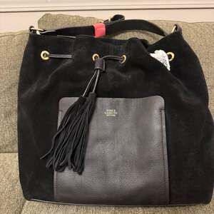 Vince Camuto Black Suede Leather Drawstring Tassel Bucket Bag Hobo Purse